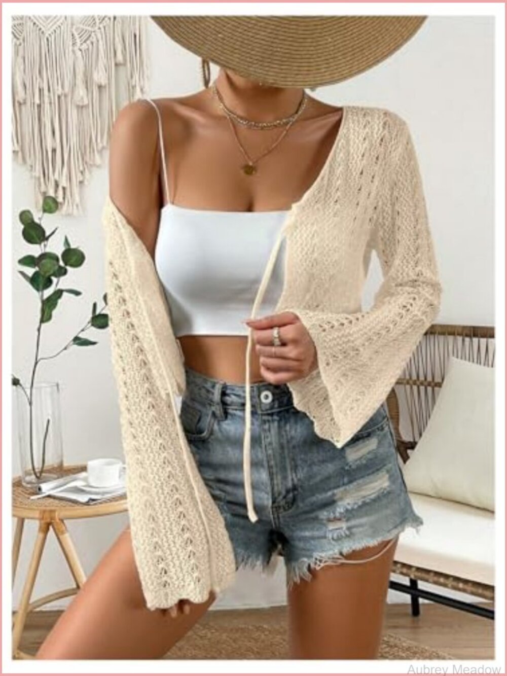 Tie Front Cardigan Trumpet Sleeve Pointelle Knit Crop Top - Picture 4 of 5